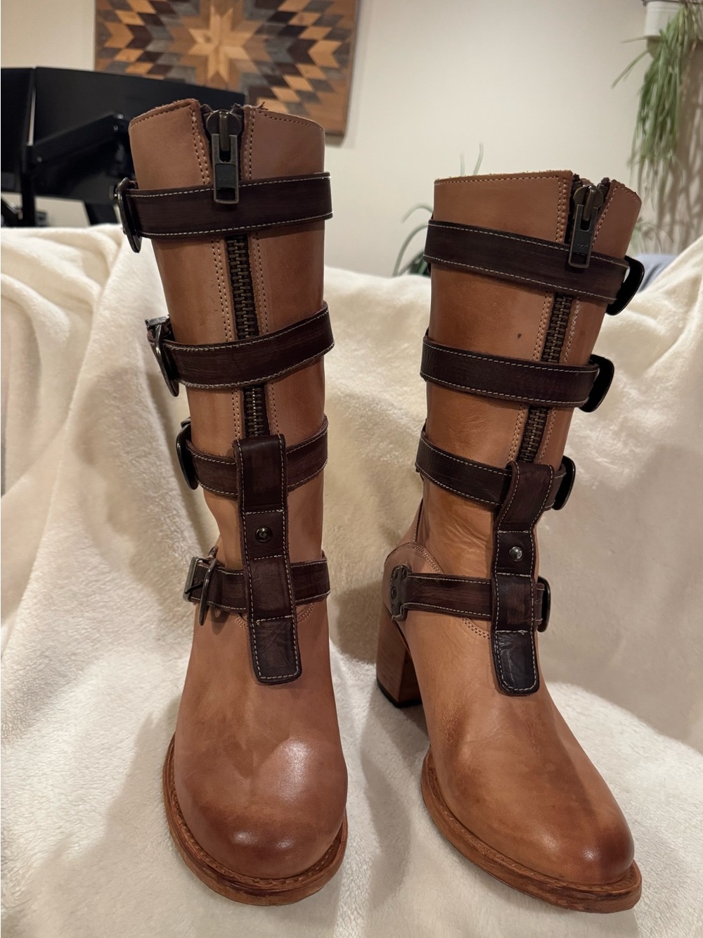 freebird Two-Tone Tan and Dark Brown Strapped Mid-Calf Heeled Boots